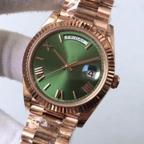 

mens luxury men rose gold day date green dial roman number geneva watch water resistant fashion silver watches, Slivery;brown