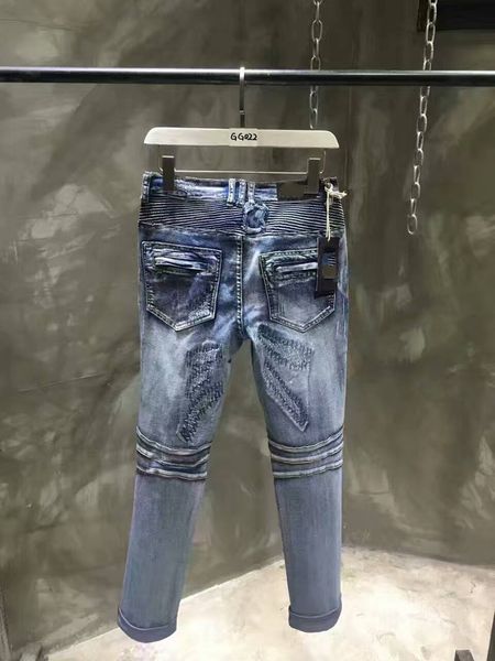 

мужские дизайнерские брюки повседневные тонкий байкер джинсы denim мужские дизайнерские джинсы ripped штаны промытые высокое качество мужски, Blue