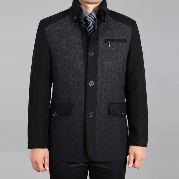 

winter men's casual wool trench coat male plus size fashion business medium solid thicken slim warm windbreaker overcoat jacket, Black