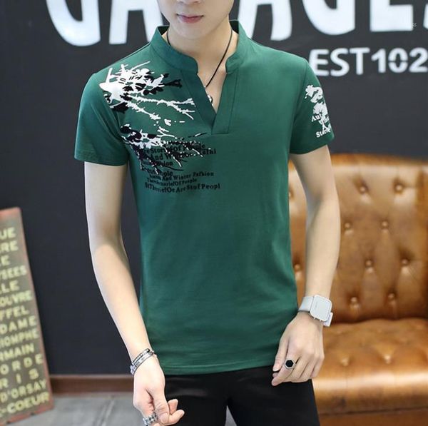 

casual short sleeve new fashion breathable cool male tees stand collar print mens tshirt summer loose, White;black