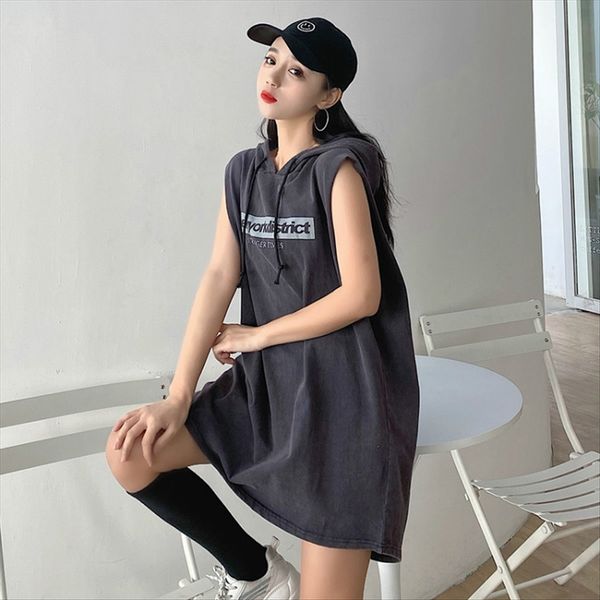 

6535 cotton women's mid-long printed hooded sleeveless short-sleeved t-shirt 6535 cotton women's mid-long printed hooded sleeveles, White