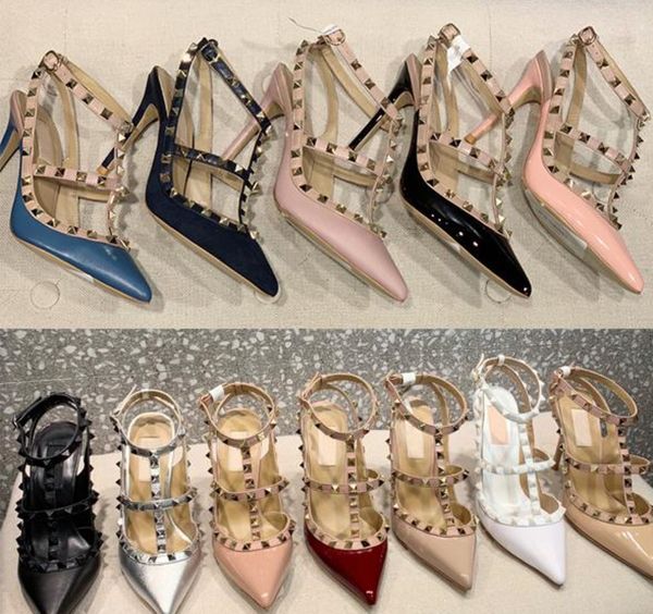 

luxury designer sandals studs pump women high heels patent calfskin leather ankle strap pump real leather bottom shoes, Black