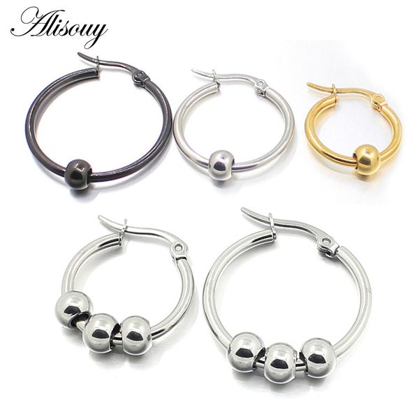 

aisouy black silver gold color stainless steel earrings women small ball big hoop earrings party rock gift, 3 colors wholesale, Golden;silver