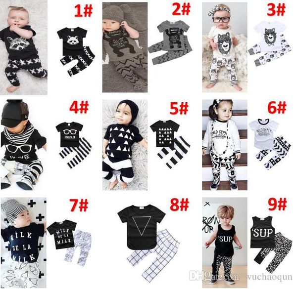 

30 style baby ins fox stripe letter suits kids toddler infant casual short long sleeve t-shirt +trousers 2pcs sets pajamas newborn by0701, White