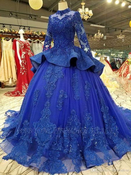 Azul vestido de baile real quinceanera gola alta frisado apliques inchado masquerade doce 16 vestidos 15 anos vestidos de baile de aniversário