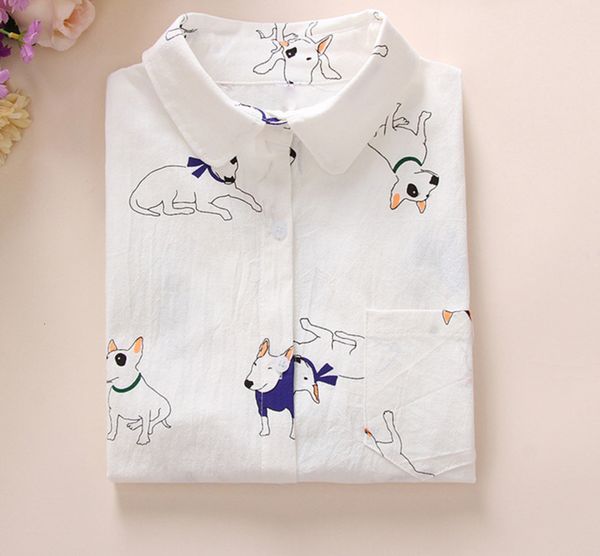 

woman blouse woman animals cotton female blouses pockets long sleeves ladies shirts dog bee casual womens shirt camisa femininas new, White