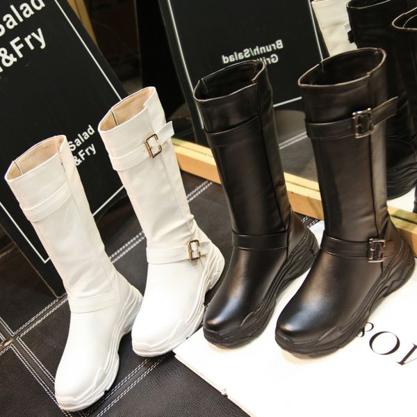 

big size 9 10 11 12 boots women shoes ankle boots for women ladies belt buckle sleeve waterproof table, Black