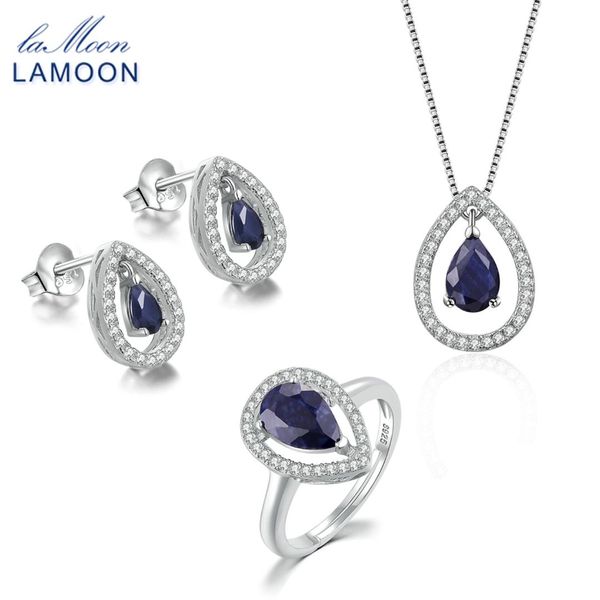

lamoon x5mm teardrop 100% real blue sapphire 925 sterling-silver-jewelry crown jewelry set s925 for women v040-2, Black