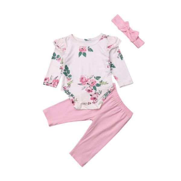 

3pcs newborn infant baby girl outfits clothes bodysuit long sleeve pants headbands cute cotton clothing baby girl 0-24m, Pink;blue