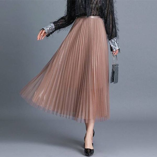 

2020 fashion vintage silver metal casual midi skirt elastic high waist long pleated mesh skirts for women, Black