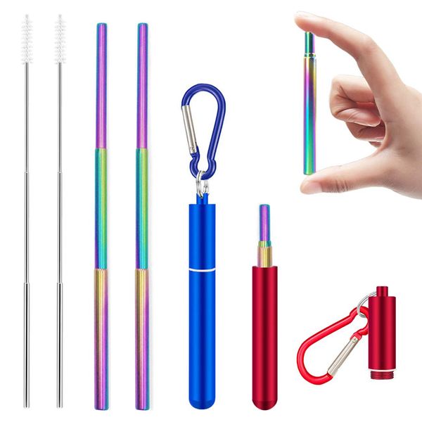 

portable rainbow straw set metal telescopic straws reusable folding straw with cleaning brush stainless steel carrying case and carabiner