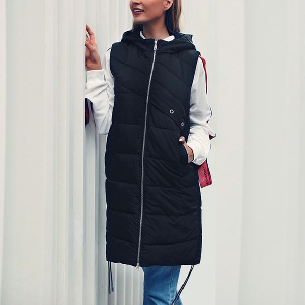 

2019 winter new cotton vest female long hooded down cotton solid color large pocket loose women sleeveless vest women, Black;white