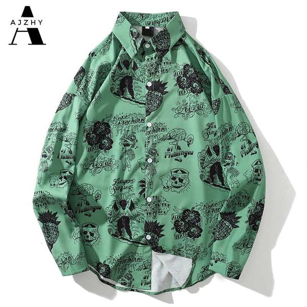 

2020 fashions long sleeve men shirts casual streetwear hip hop hawaiian shirt vintage printing flower pocket skull dress shirts, White;black