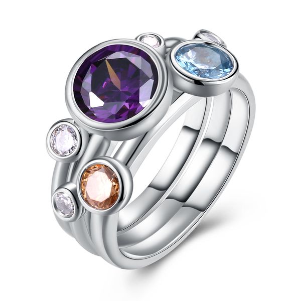 

3pcs ring sets round purple/blue/champagne crystal cz lovely jewelry jewellery gift for girl colorful fashion rings, Golden;silver