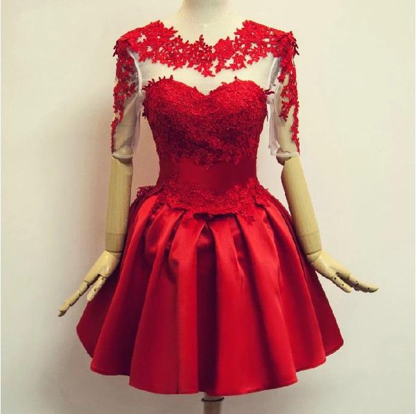 

chic jewel шеи красный кружева платье короткое мини-line аппликация homecoming платье с рукавами low v назад платье для партии, Black