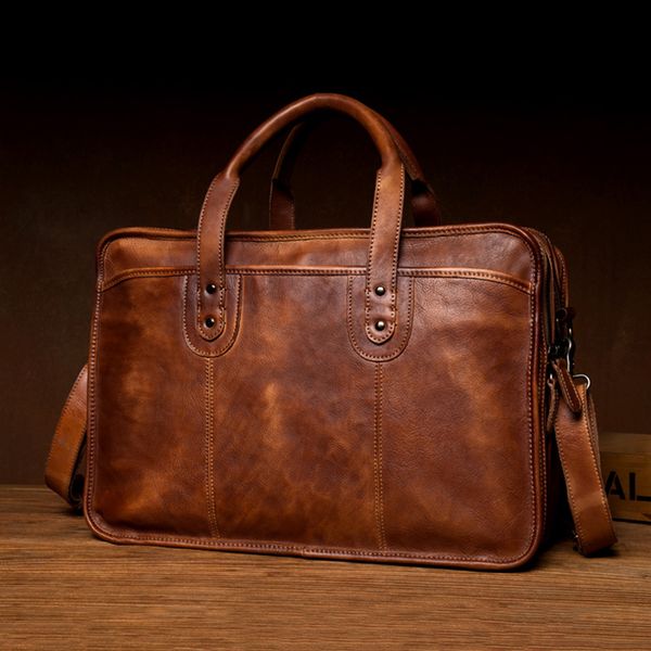 

vegetable tanned leather business travel bag full grain leather men briefcase genuine lapmessenger bags