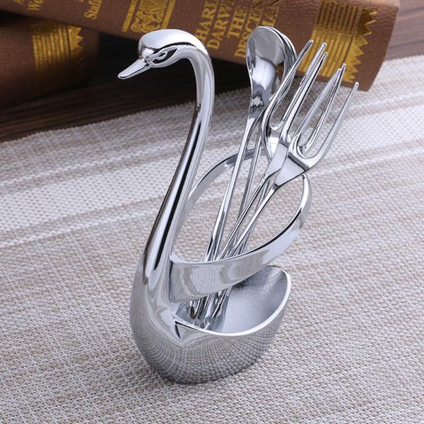 

dinnerware sets 7pcs swan fruit base holder forks set stainless steel salad dessert coffee spoon cake tableware