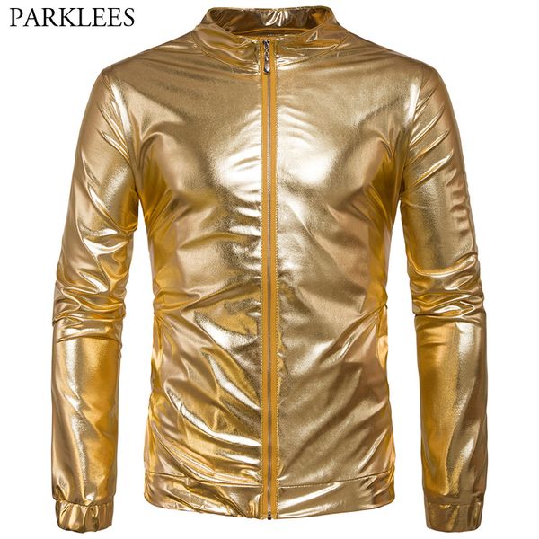 

mens metallic nightclub styles zip up varsity baseball bomber jacket 2019 hip hop gold sliver shiny jacket men tin man costume, Black;brown