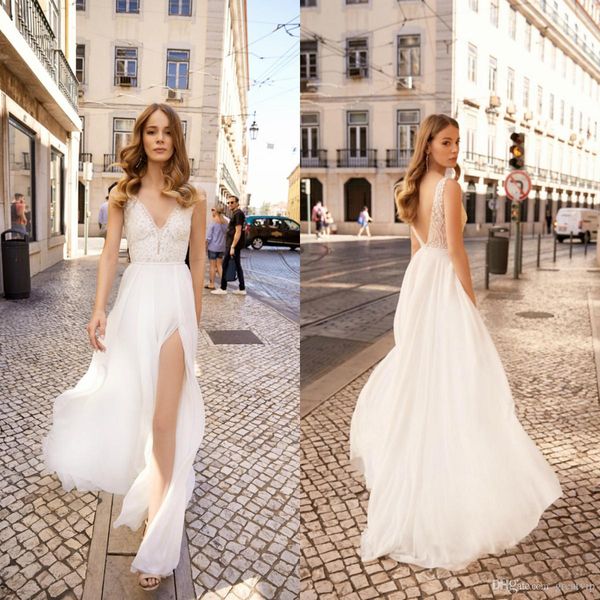 

2019 берта white beach свадебные платья линия v neck lace backless side split свадебные платья плюс размер bohemia платье de novia
