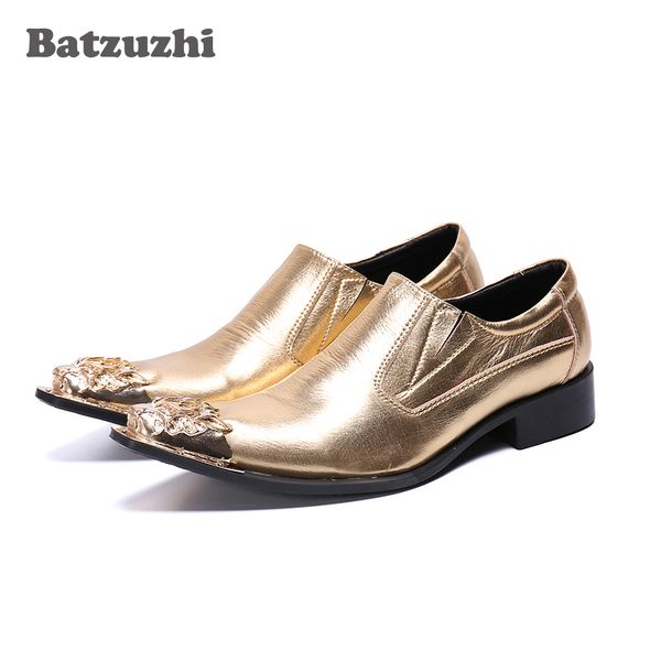 Batzuzhi Scarpe da uomo di tipo britannico Scarpe eleganti in pelle con cappuccio in metallo dorato a punta Slip on Gold Party Wedding Shoes Men Business