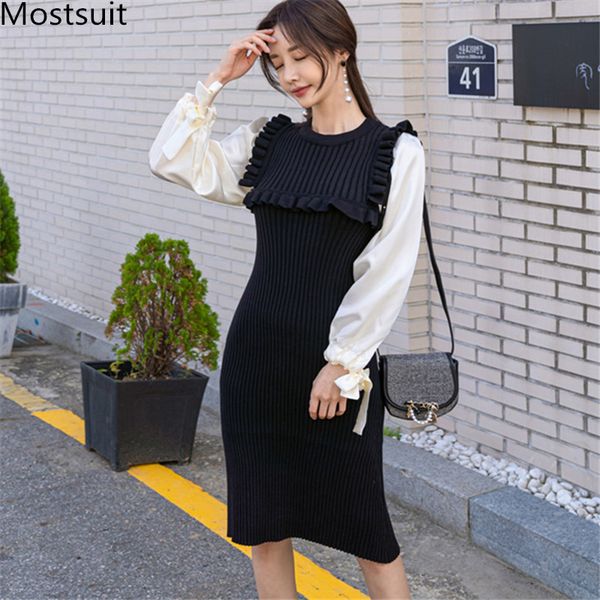 

new arrival women knitted patchwork korean dress shirt sleeve o-neck sweater pencil dresses fashion vintage elegant vestido 2020, Black;gray