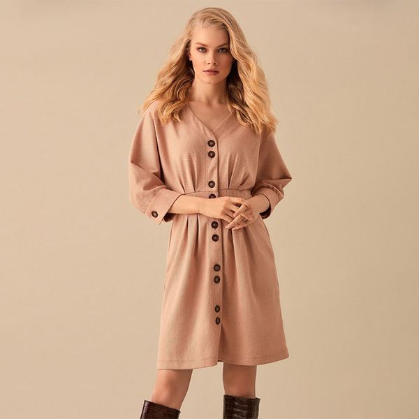 

casual dresses women vintage v neck button straight dress ladies seven sleeve elegant office work 2021 fashion winter, Black;gray