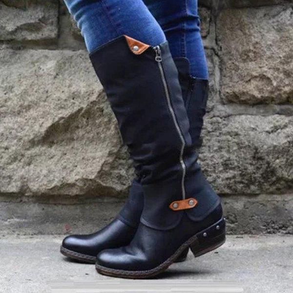 

puimentiua dropship winter pu leather mid-calf boots knee high boots women snow high heels zipper female shoes large size, Black