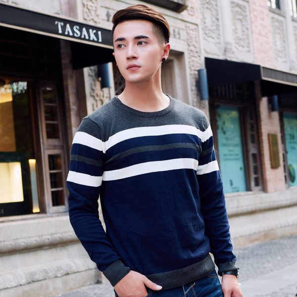 

round collar striped sweater men fashion pullover sweater mens casual comfortable male knitted warm knitwear men 7, White;black