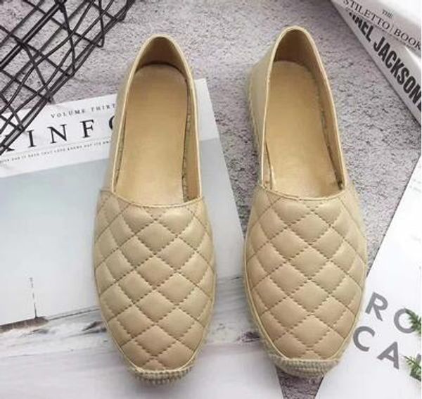 

luxury women designer fabric canvas and real lambskin espadrilles slip on flat shoes summer loafers beige black size eur34-42 with box c007