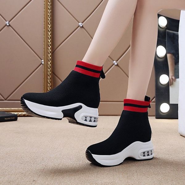 

autumn thick bottomed elevator black and white with pattern knitted anti-slip soft-sole casual sports stripes women's soft-sole