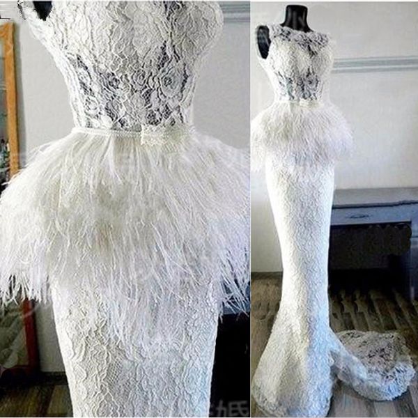 

Elegant Ivory Feather Mermaid Lace Evening Dress High Waist Pearls Custom Made Women Formal Celebrity Gowns Vestido De Noiva