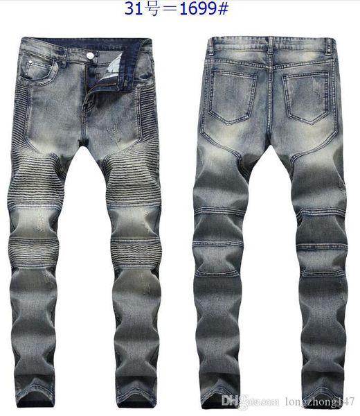 

new style man's casual jeans motorcycle skinny pants tights fold trousers men cotton pencil pants mens biker jeans, Blue