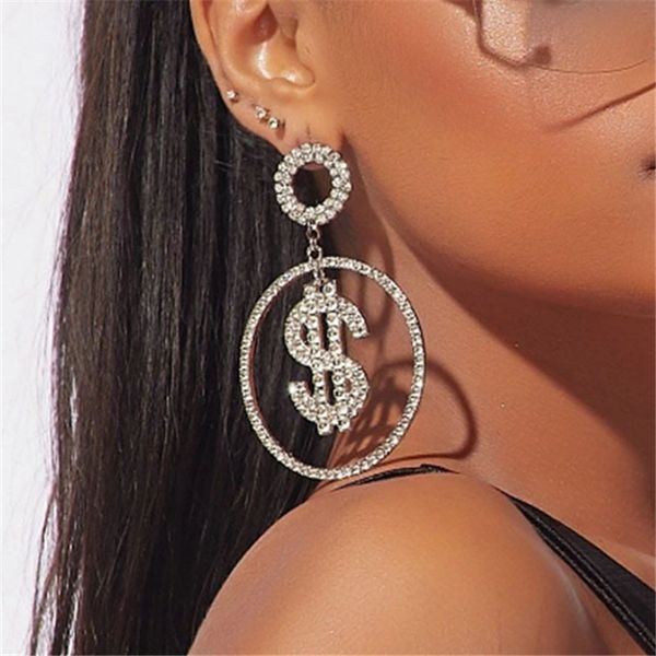 

luxury shiny crystal dollar shape dangle earrings for women 2020 trendy crystal drop earrings statement jewelry gift, Silver