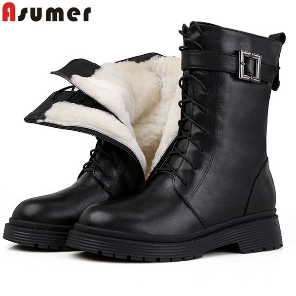 

asumer 2020 winter snow boots warm wool genuine leather shoes zip lace up buckle low heel casual shoes women ankle boots, Black