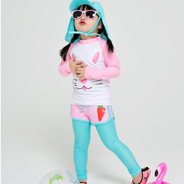 

stj2s children's girl's cute cartoon swimsuit cat sun-proof large and medium size children's long-sleeved trousers spring hol, White;black