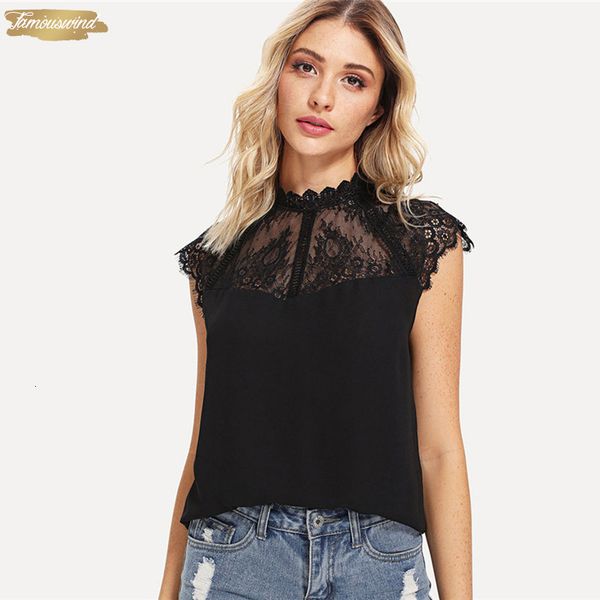 

black lace weekend blouse casual elegant women office ladies stand collar cap sleeve solid summer sheer, White