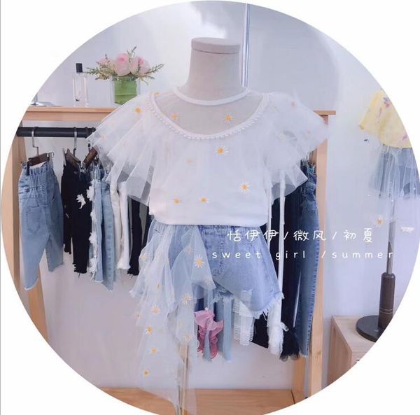 

2020 girls patchwork t-shirt fashion cotton tulle summer girls 3-8t f133, Blue