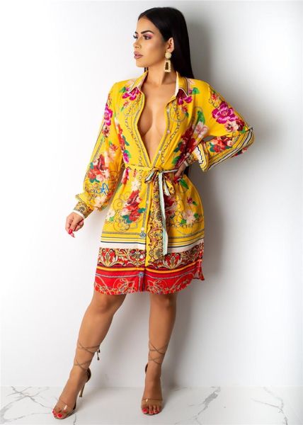 

designer lapel neck women shirt dresses casual panelled ladies loose apparel with sashes spring floral printed female dress fashion, Black;gray