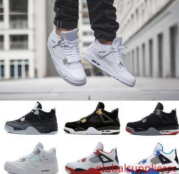 

new pure money 4 basketball shoes men 4s cavs green glow white cement premium bred black oreo fire red sports sneakers