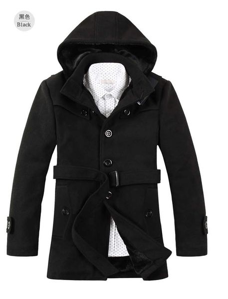 

men's winter duffle coat casual slim fit hooded plus-sized jacket men's mid-length plus velvet warm trench coat, Tan;black