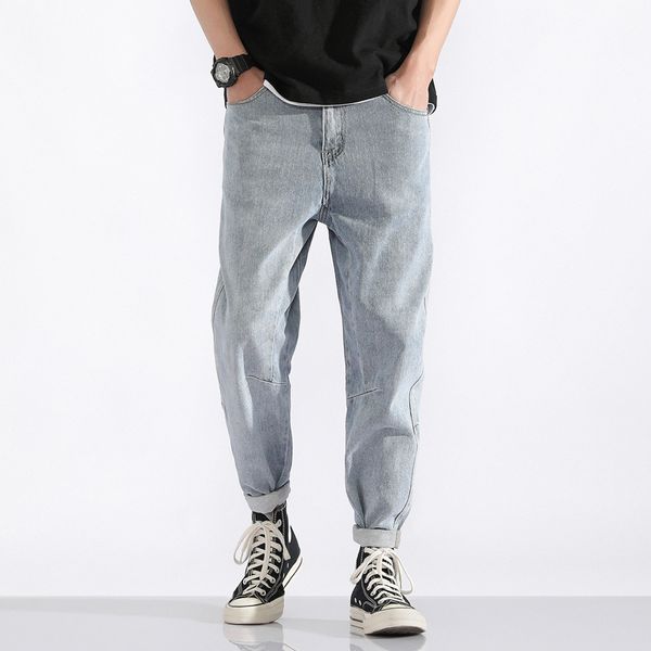 

newly korean fashion men jeans light blue loose fit wide leg harem pants hombre vintage designer hip hop jeans men