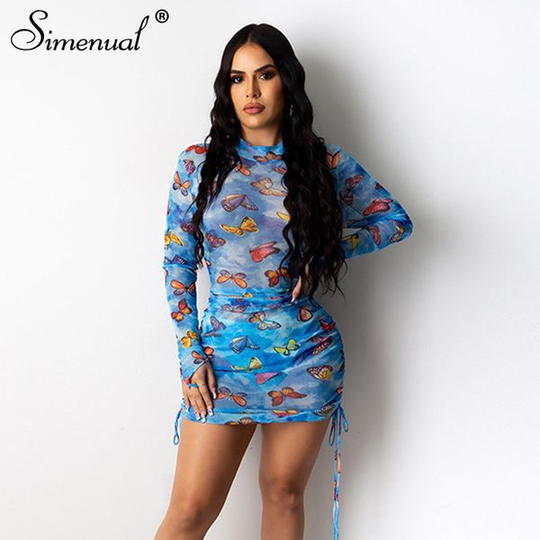 

simenual mesh see through party dress women long sleeve drawstring ruched mini dresses bodycon butterfly print clubwear hot, Black;gray