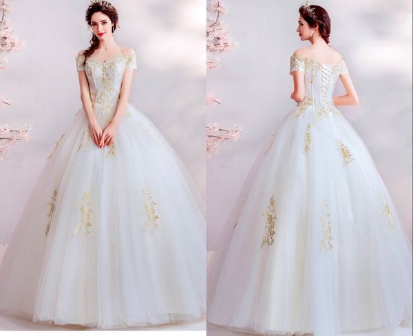 Discount Royal Designer Gold Ivory Tulle Wedding Dresses Off The