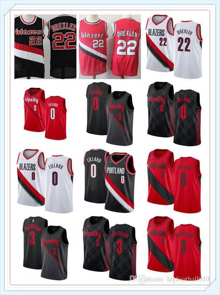 

mens damian portland trail blazers nba 0 lillard c.j. 3 mccollum 22 clyde drexler throwback basketball jerseys white black, Black;red
