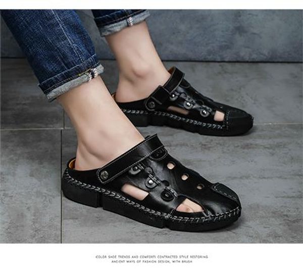

genuine leather european brand designer sandals men summer sandals anti-slipping outdoor slippers soft water shoes, Black