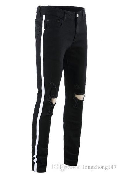 

горячая продажа мужчина biker jeans straight завернуто джинсы эластичность отверстие брюки сломаны брюки отбеленных rippid брюк мужских тонк, Blue