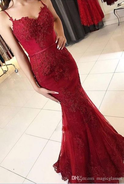 

elegant burgundy lace prom dresses 2019 spaghetti straps appliques beaded mermaid evening party gowns formal wear, Black