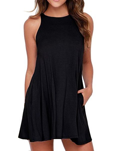 

unbranded*women's sleeveless dress pockets casual swing t-shirt dresses, Black;gray
