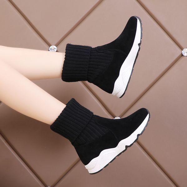 

winter women fashion knitting socks sneakers soft ankle boots two wear woman shoes women fur plush thick boots rubber, Black
