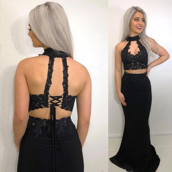 

two pieces black lace mermaid prom dresses 2019 high neck keyhole backless floor length formal evening gowns party pageant wear